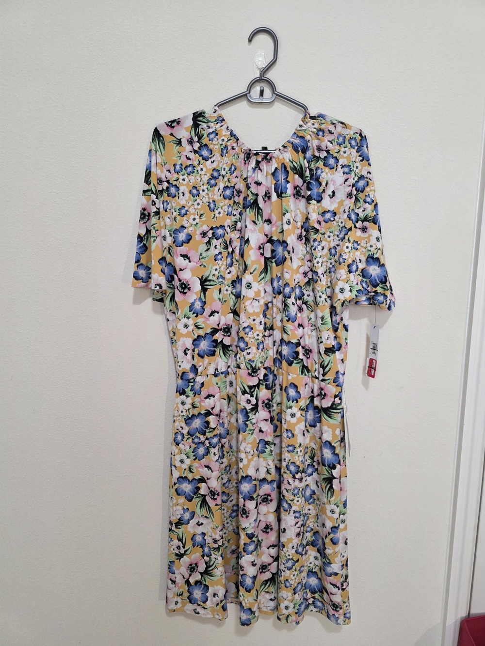 Maggy London Yellow Floral Midi Dress with Blue and Pink Flowers